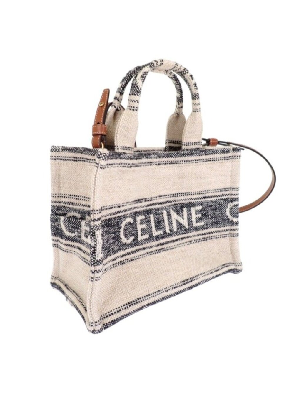 Celine Small Cabas Thais Jacquard Shoulder Bag Tote Cotton Calfskin White Navy - Picture 6 of 14